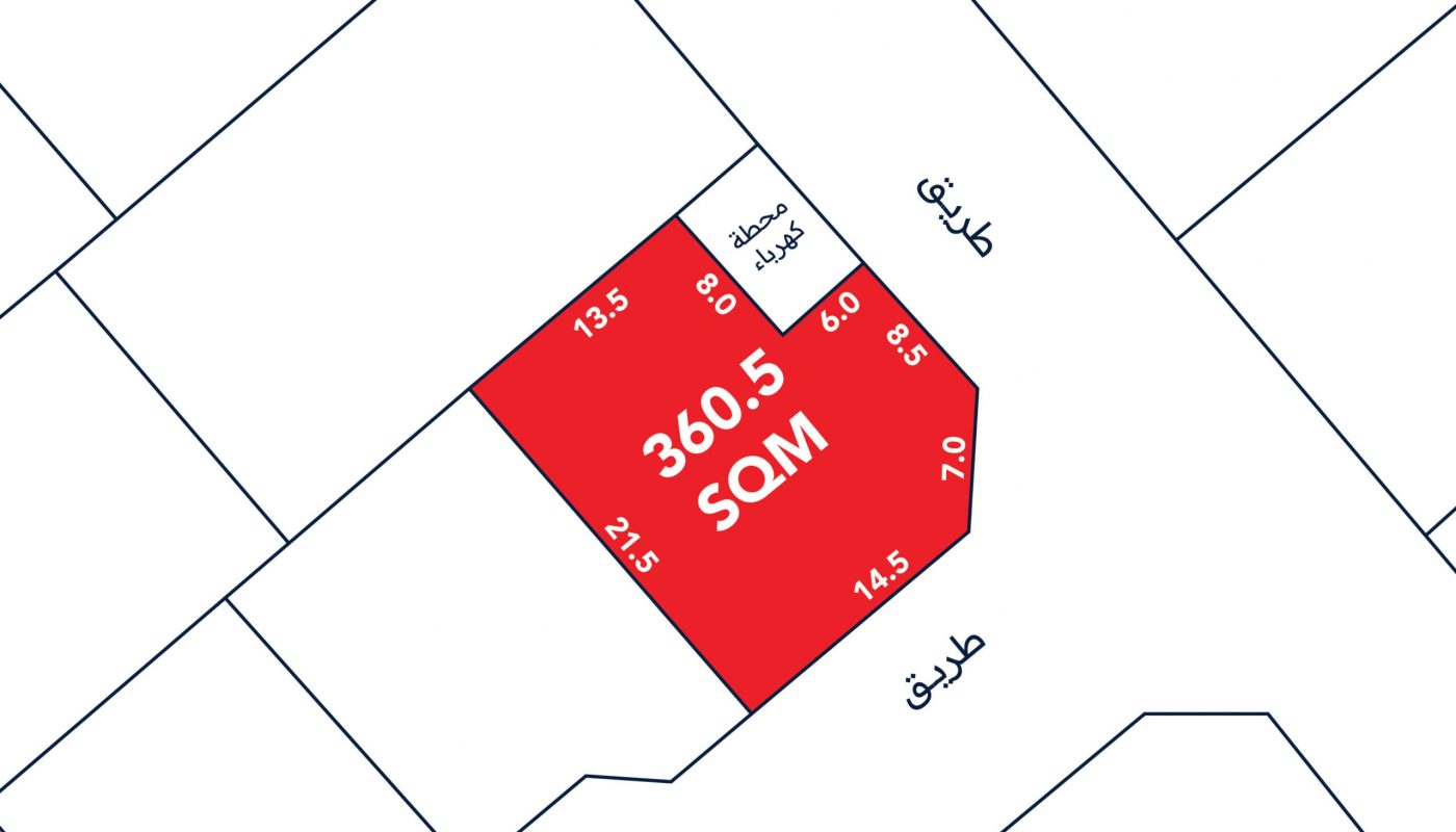 Map section highlighting a 360.5 square meter plot in red, with labeled dimensions: 13.5, 21.5, 14.5, 6.0, 4.0, and 7.0 meters. Surrounded by streets labeled in Arabic.