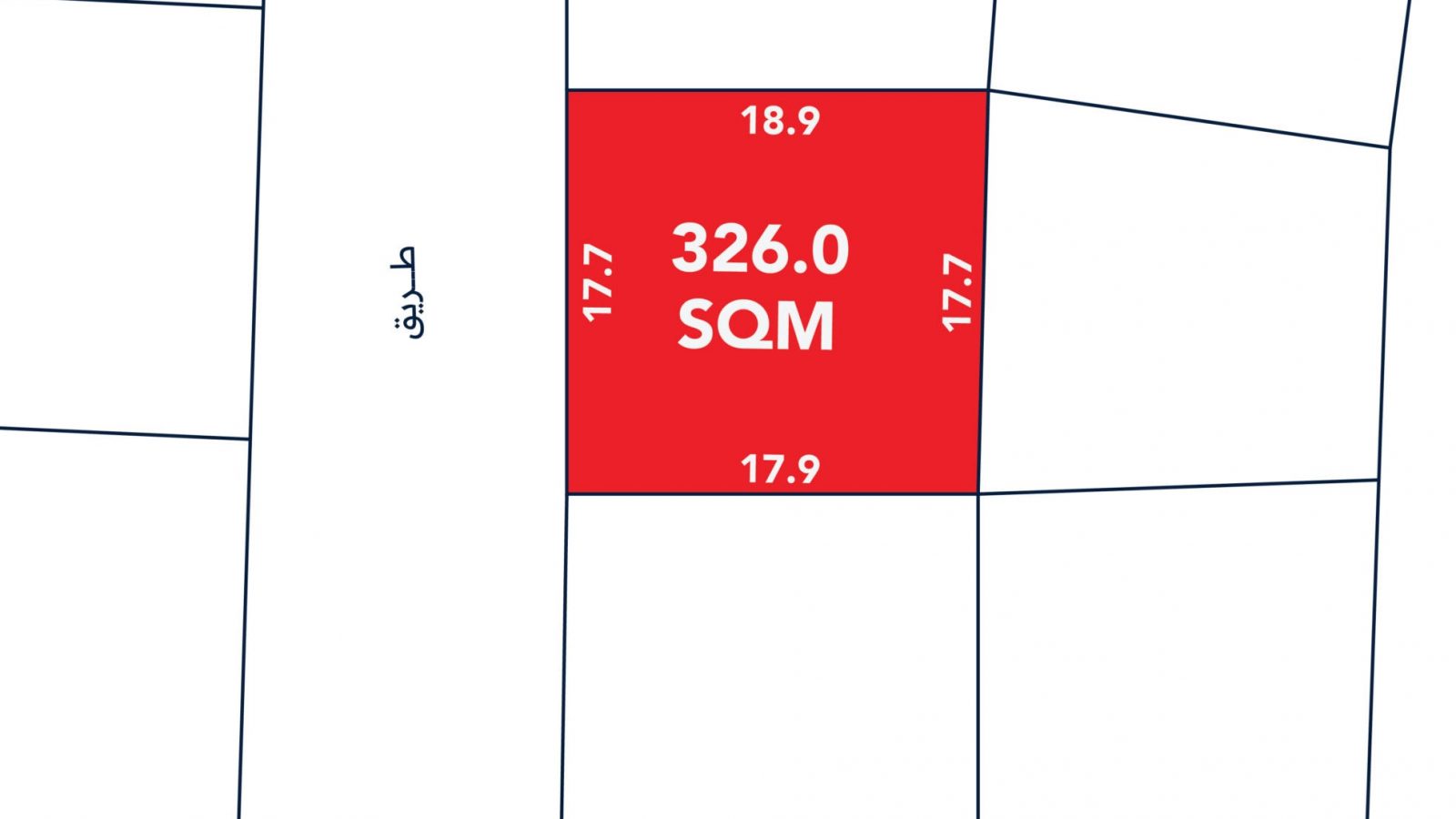 Plot diagram showing a rectangular area labeled "326.0 SQM" with dimensions: 18.9, 17.7, 17.7, and 17.9. Adjacent street indicated by Arabic text.