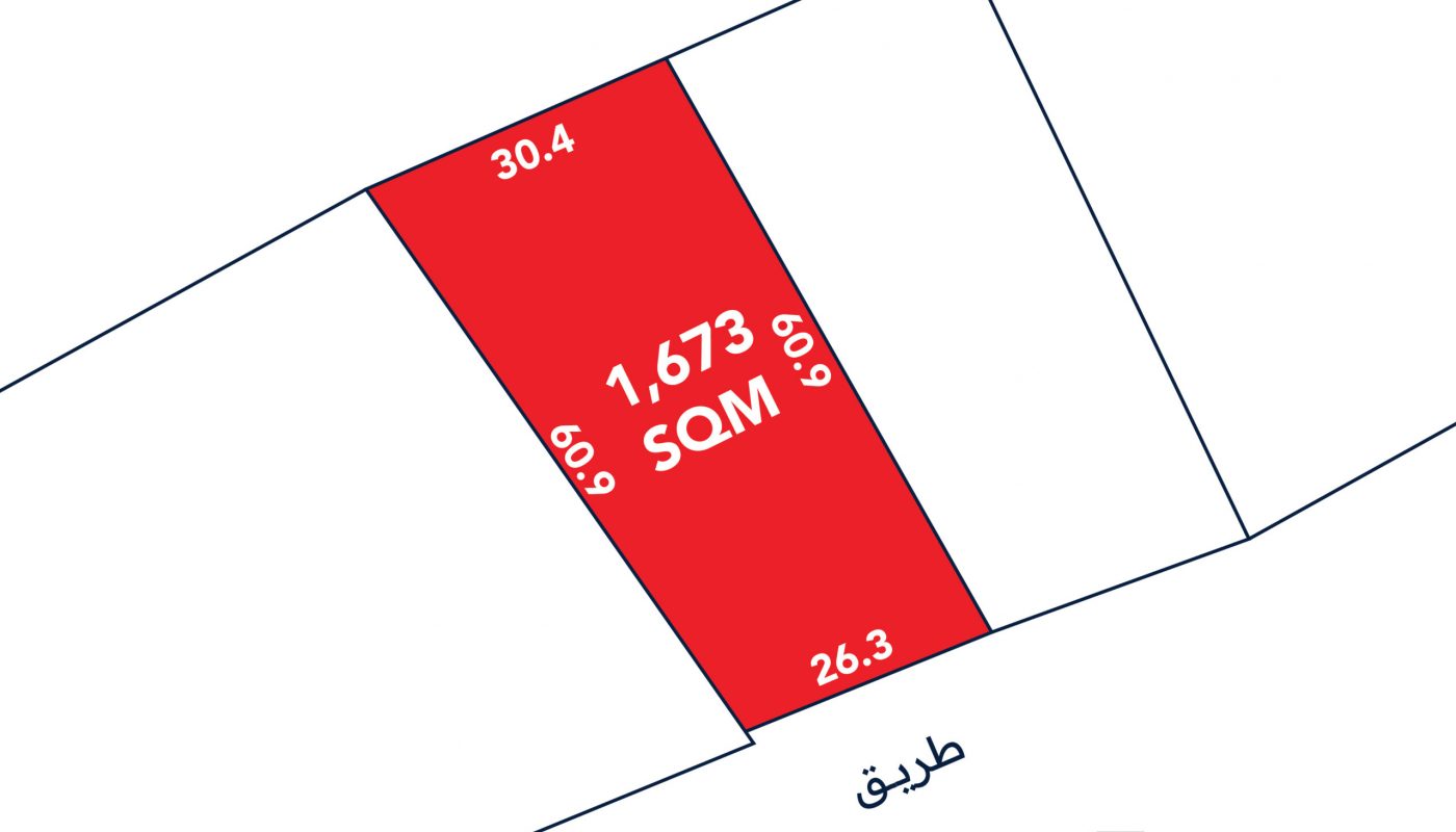A map shows a rectangular plot of land labeled "1,673 SQM" with dimensions 30.4m, 60.9m, and 26.3m. The plot borders a road labeled "طريق" (Arabic for "road").