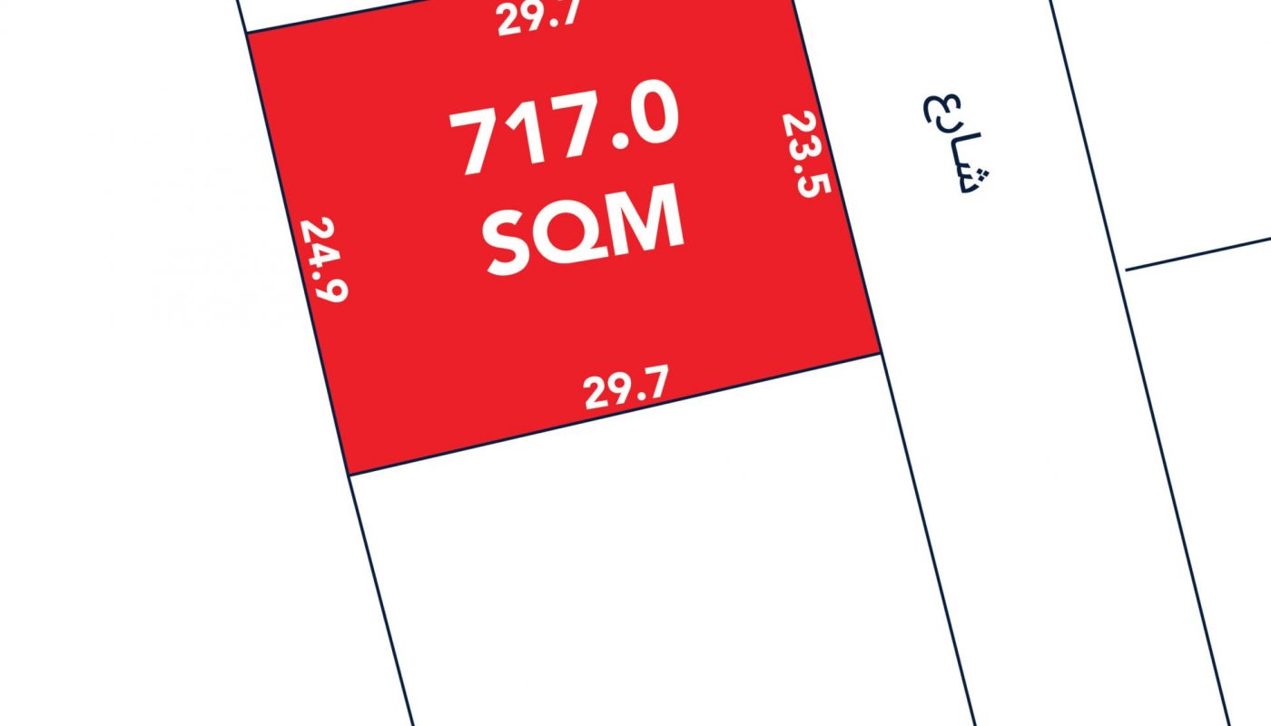 Diagram showing a land plot labeled "717.0 SQM" in red, bordered by measurements: 29.7, 23.5, 29.7, and 24.9. Adjacent text reads "شارع.
