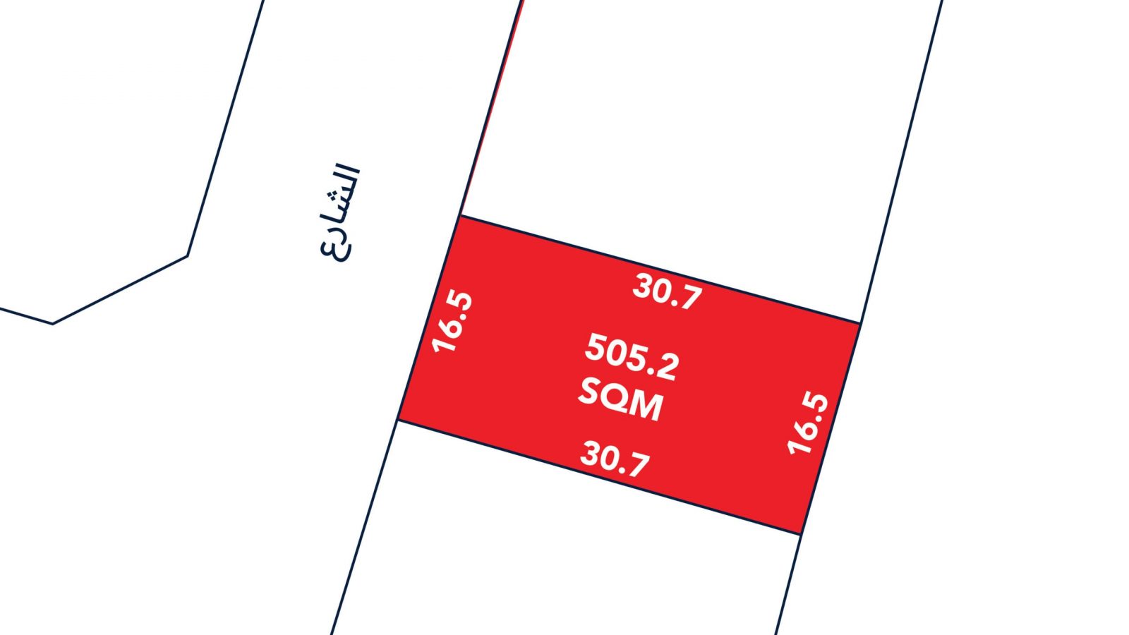 A rectangular plot labeled "505.2 SQM" in red, with side lengths 30.7 and 16.5, adjacent to a street labeled in Arabic.