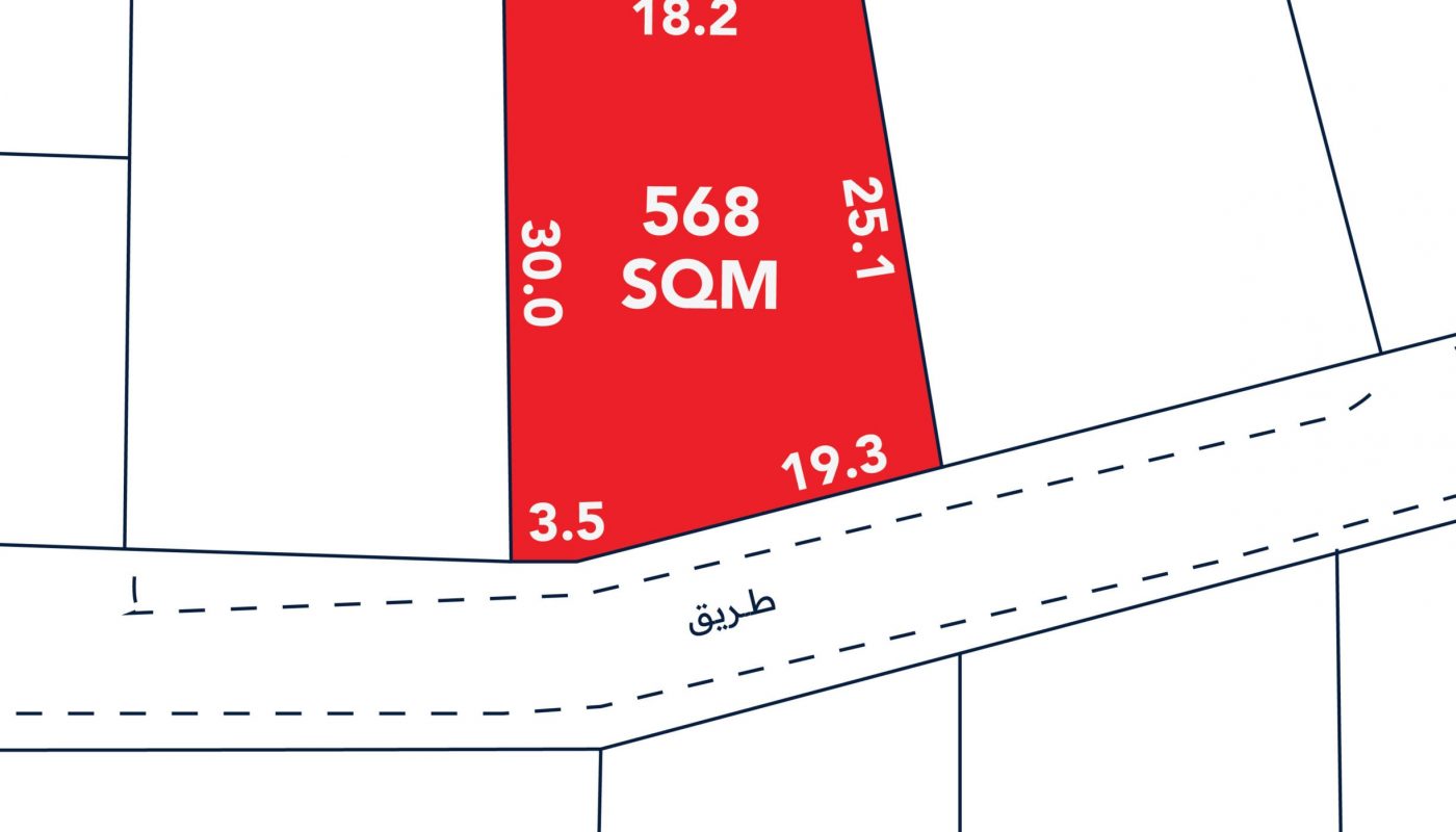 A plot map showing a 568 square meter area highlighted in red, with boundary measurements: 18.2m, 25.1m, 19.3m, 3.5m, and 30.0m.