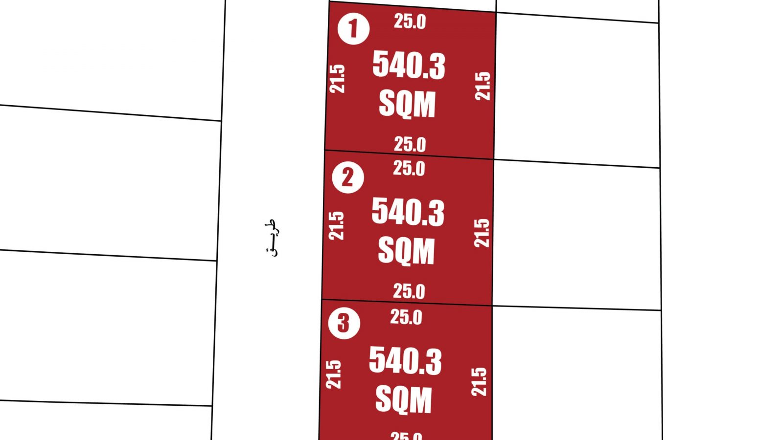 A diagram shows three adjacent rectangular plots labeled 1, 2, and 3, each measuring 540.3 square meters with dimensions 21.5m by 25.0m.