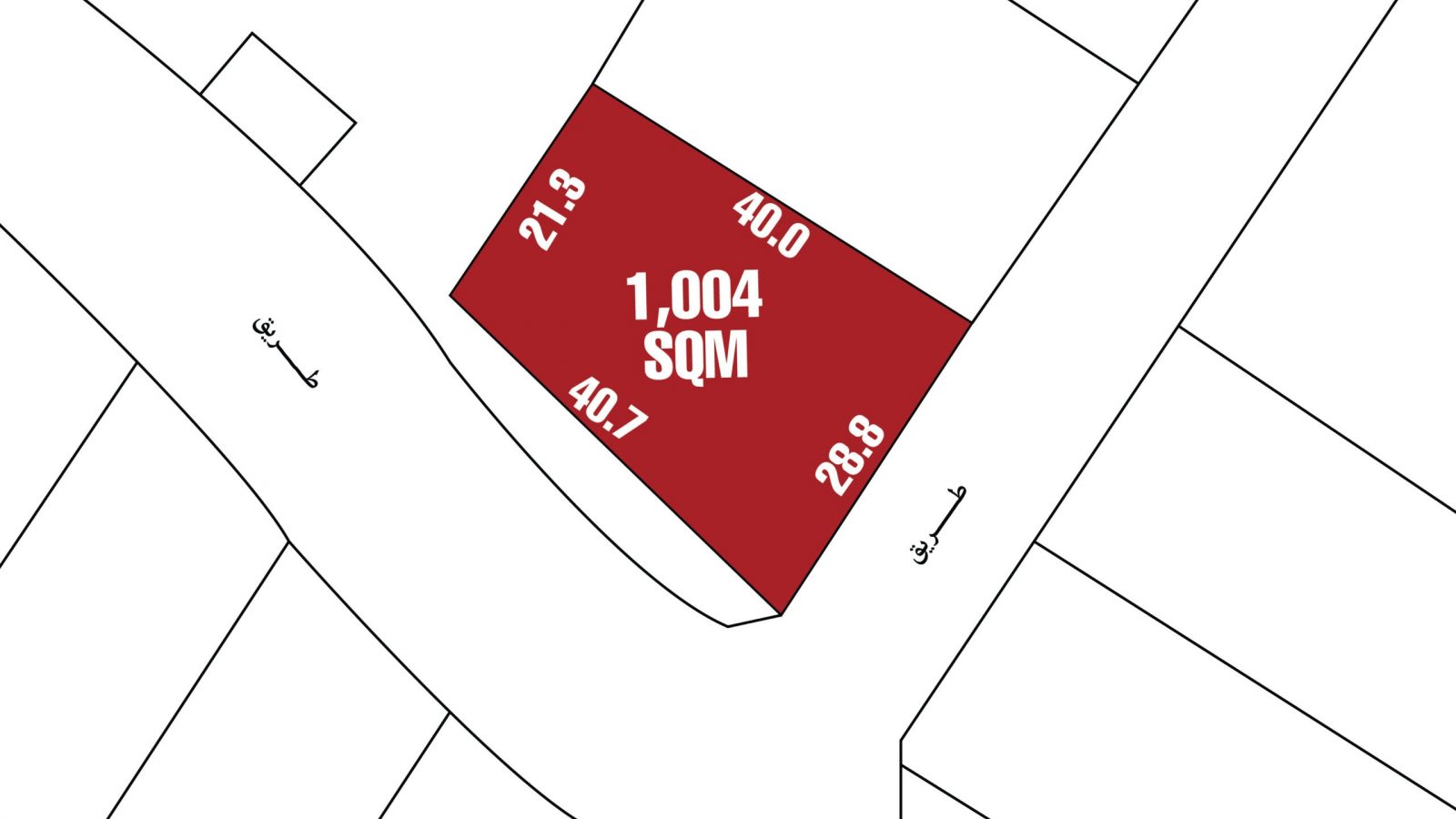 A plot of land marked in red with area labeled 1,004 SQM and side lengths of 21.3, 40.0, 40.7, and 28.8 meters, bordered by streets on two sides.