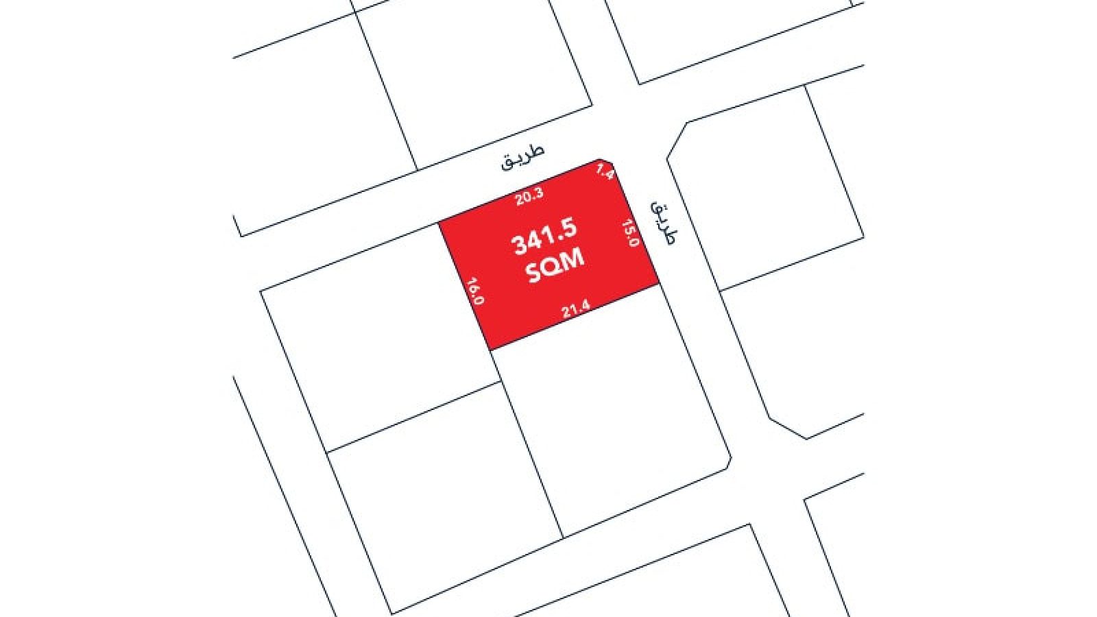 Red rectangular plot marked "341.5 SQM," located at an intersection with dimensions labeled on a grid map.
