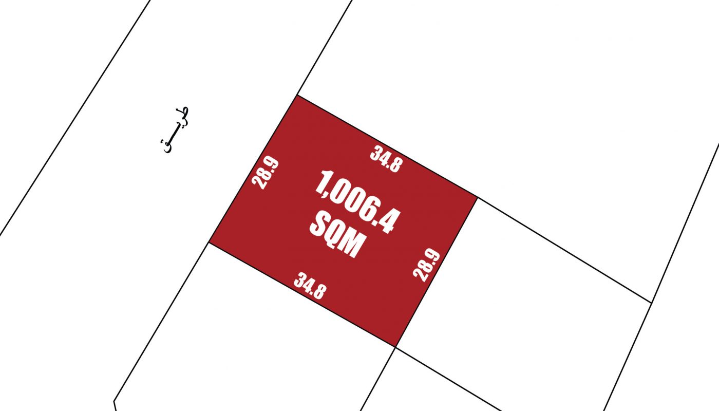 A rectangular land plot labeled "1,006.4 SQM," with side lengths 34.8m and 28.9m, is shaded red and bordered by a road and other plots.