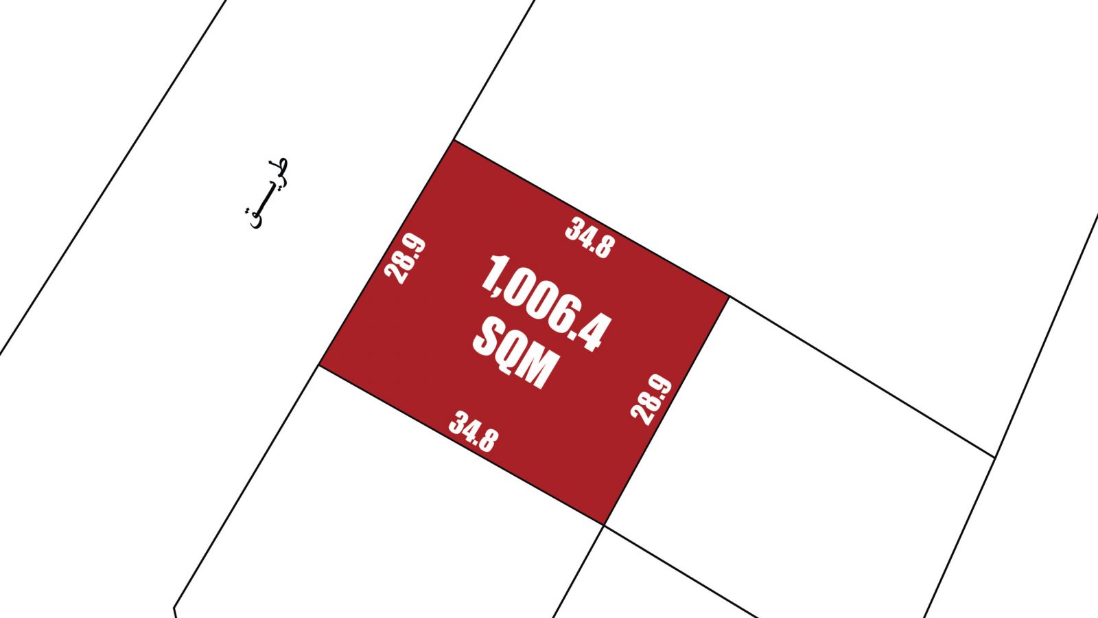 A rectangular land plot labeled "1,006.4 SQM," with side lengths 34.8m and 28.9m, is shaded red and bordered by a road and other plots.