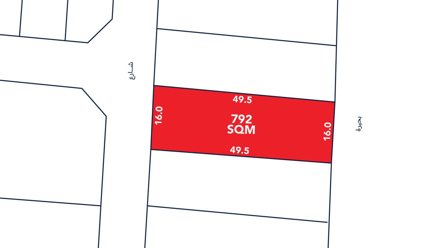 A rectangular land plot highlighted in red, labeled "792 SQM," with dimensions 16.0 meters by 49.5 meters, bordered by two streets on the sides.