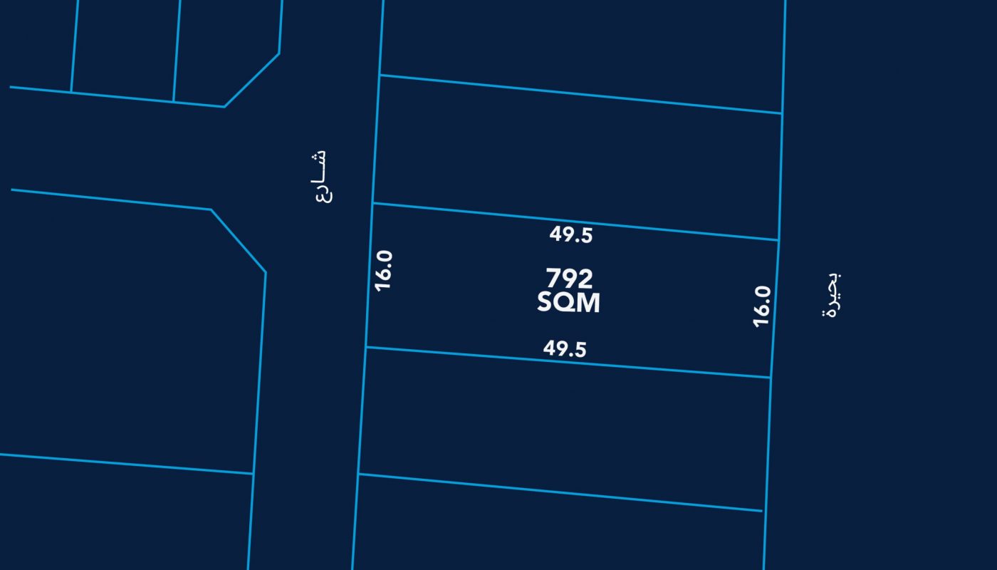 Blueprint showing a 792 square meter plot with dimensions marked as 49.5 by 16.0 meters on both horizontal sides. Nearby streets are labeled in Arabic.