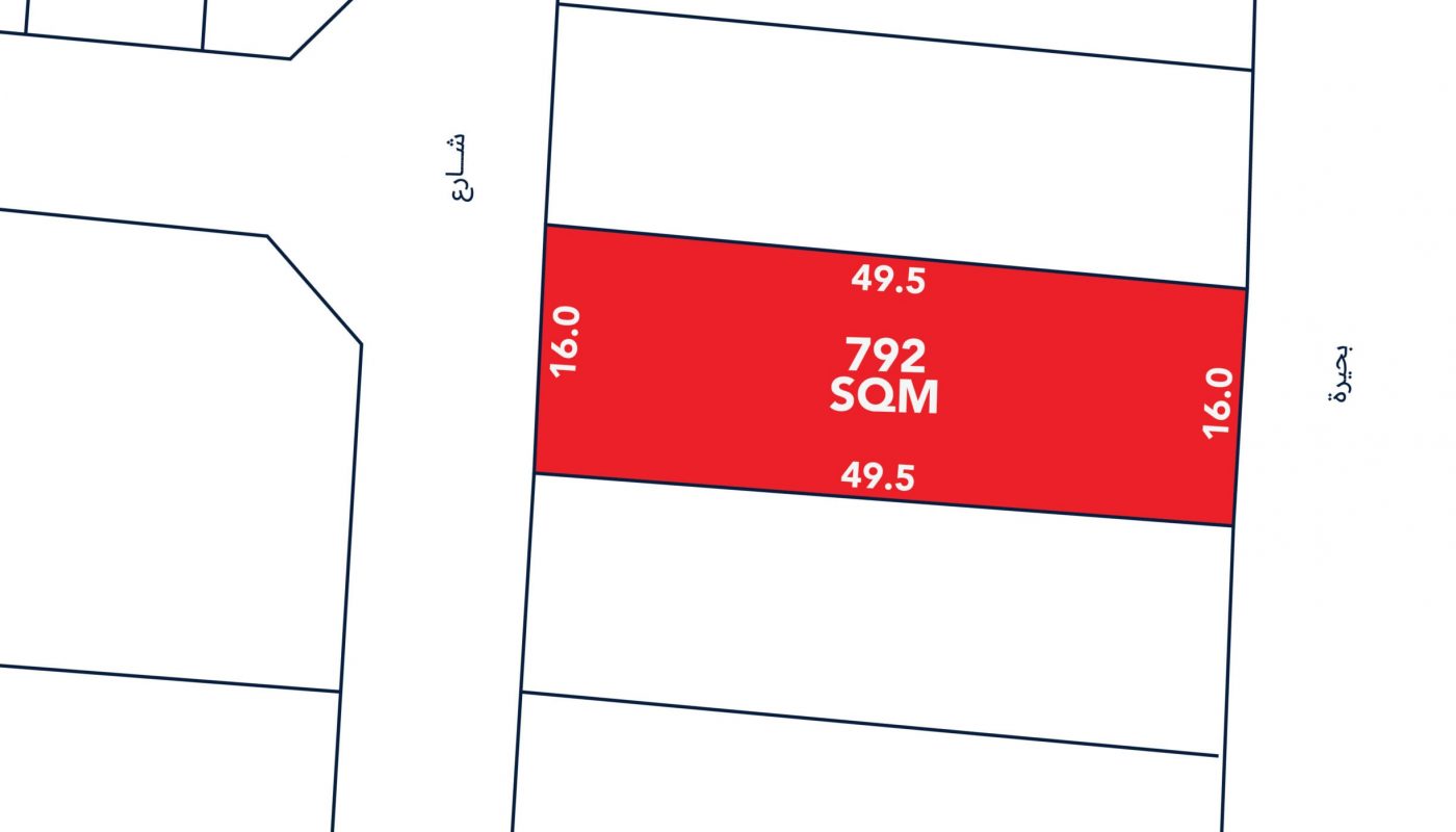 A plot labeled "792 SQM" with dimensions 49.5 x 16.0, bordered by streets on the left and right.