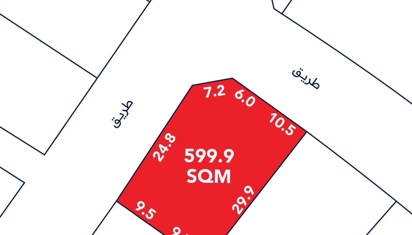 A plot of land labeled 599.9 SQM is highlighted in red with surrounding measurements in meters; streets and a mosque are labeled in Arabic.
