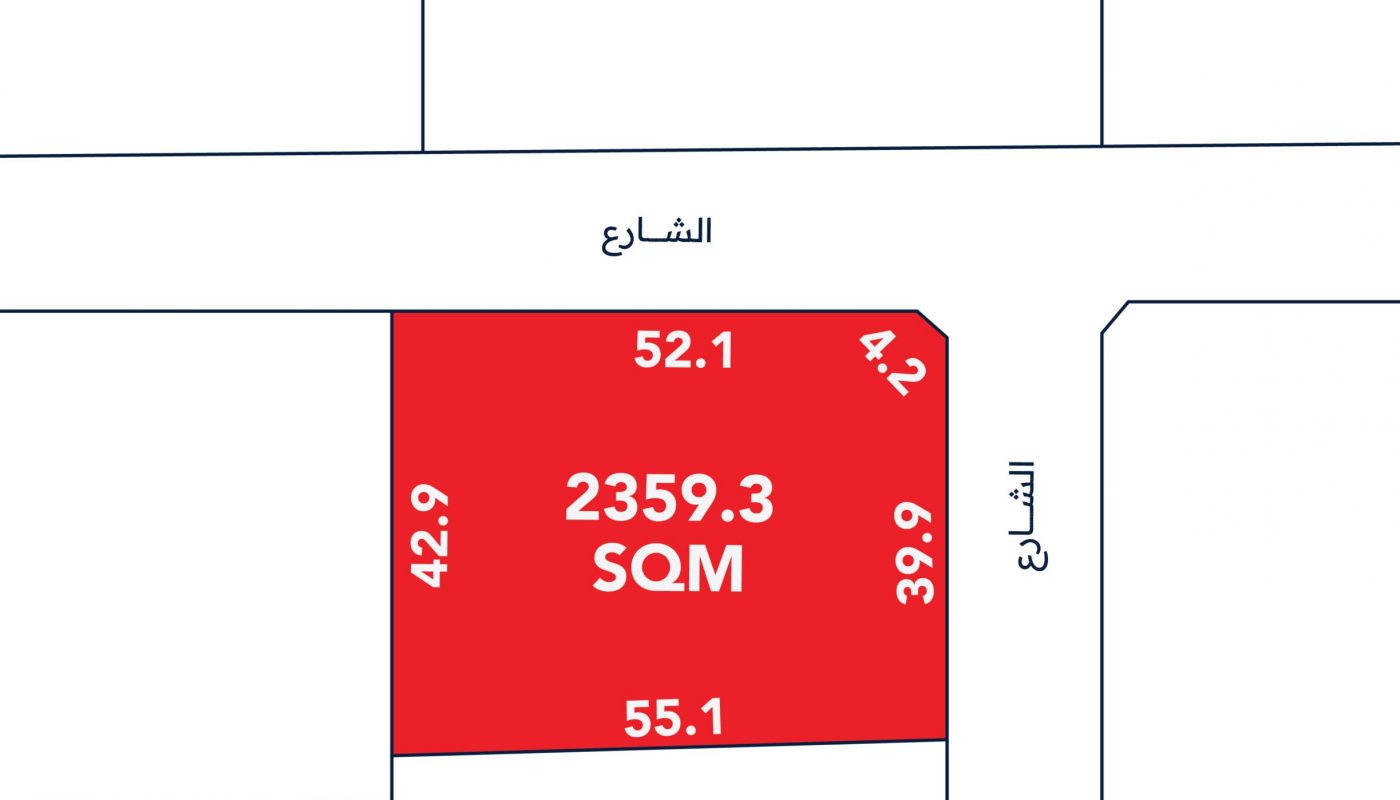 Diagram showing a red rectangular plot labeled "2359.3 SQM" with sides marked as 52.1, 39.9, 55.1, 42.9, surrounded by streets in a grid layout.