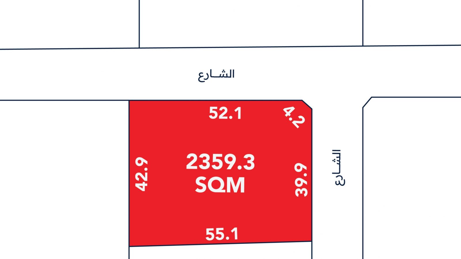 Diagram showing a red rectangular plot labeled "2359.3 SQM" with sides marked as 52.1, 39.9, 55.1, 42.9, surrounded by streets in a grid layout.