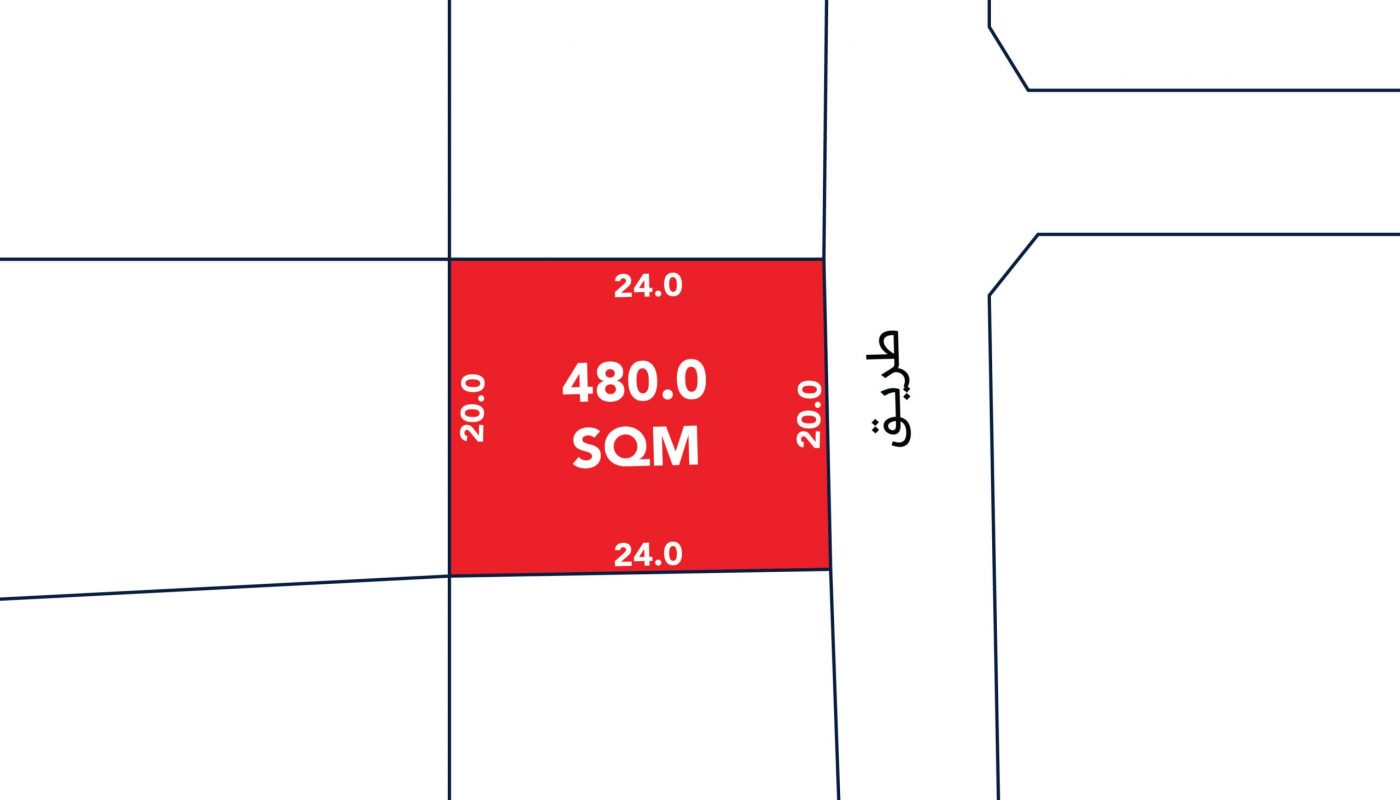 A red rectangular land plot labeled 480.0 SQM with dimensions 24.0 by 20.0 meters, adjacent to a street labeled "طريق" (Arabic for "road").