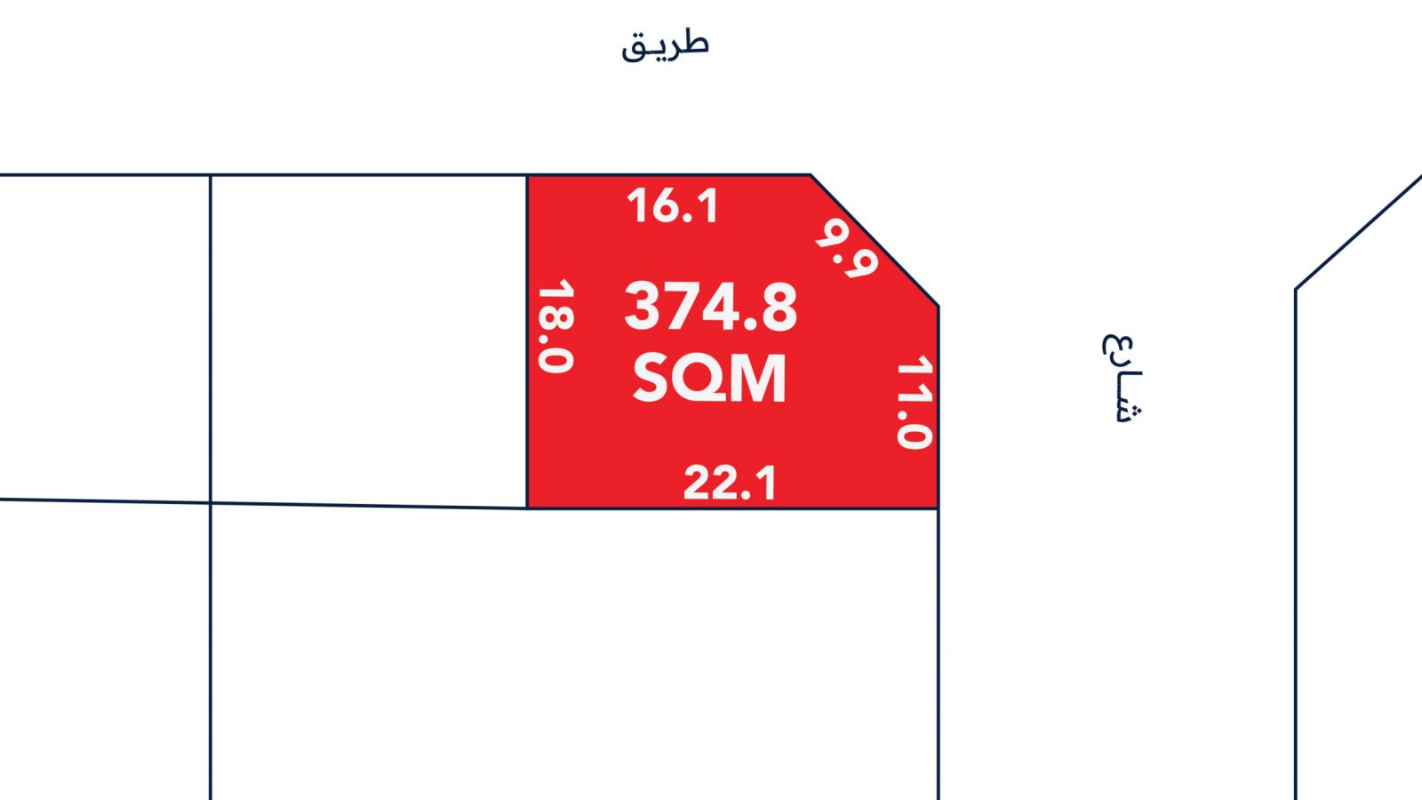 A red rectangular plot labeled "374.8 SQM" with side lengths in meters, located at the intersection of two streets on a map.