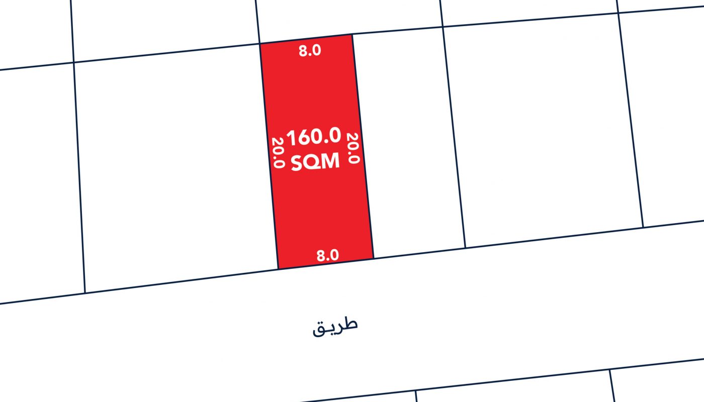 A rectangular plot marked in red, labeled "160.0 SQM," with sides measuring 20.0 meters by 8.0 meters, adjacent to a road labeled in Arabic.
