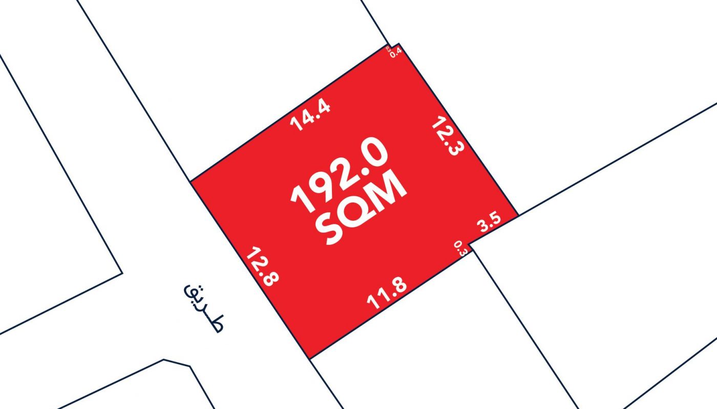 A red rectangular plot labeled "192.0 SQM" with boundary lengths in meters marked on each side, surrounded by adjacent plots and a nearby street.