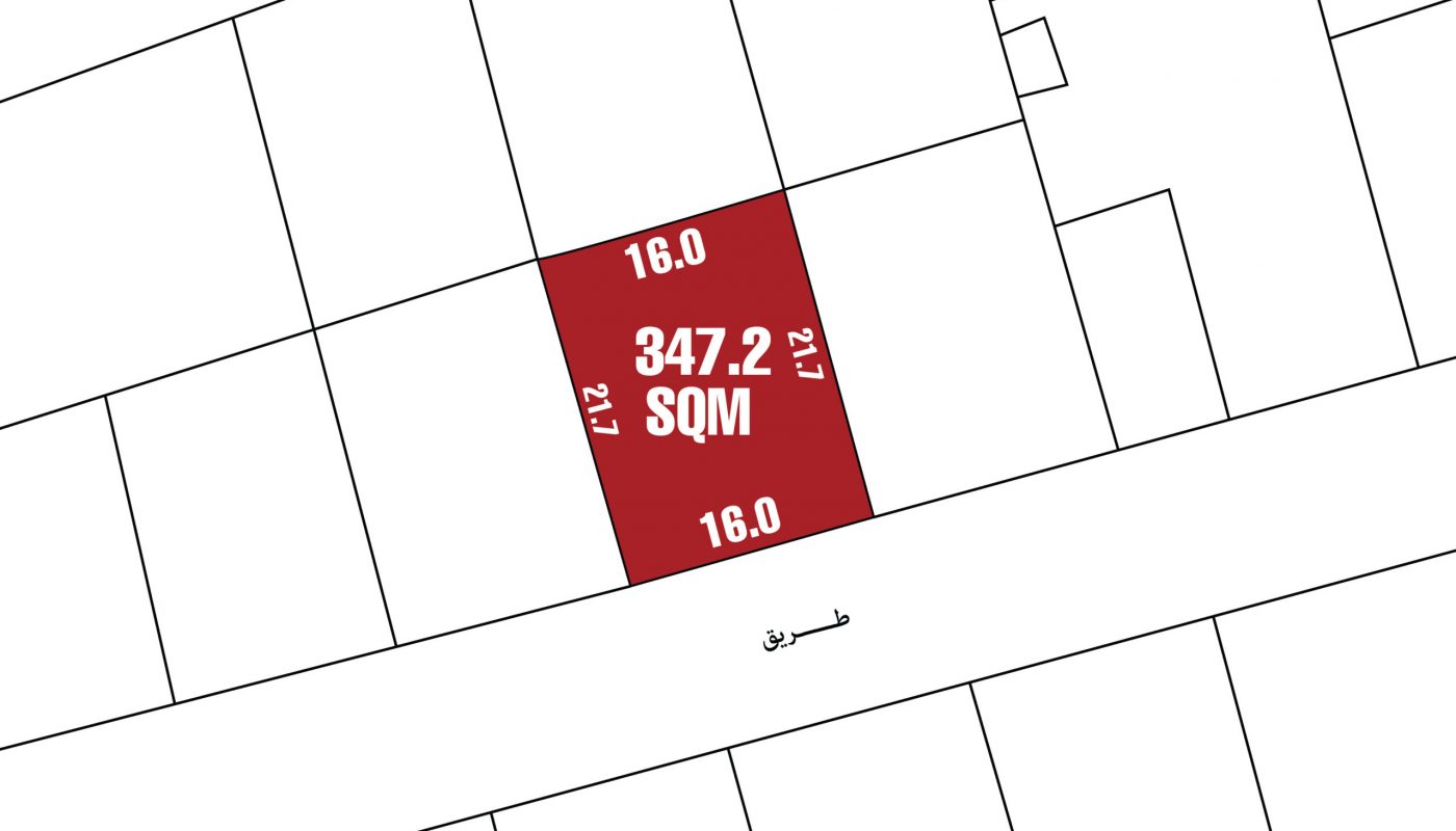 A plot map showing a rectangular lot labeled “347.2 SQM” with dimensions 16.0 by 21.7, highlighted in red and bordered by adjacent lots and a street.