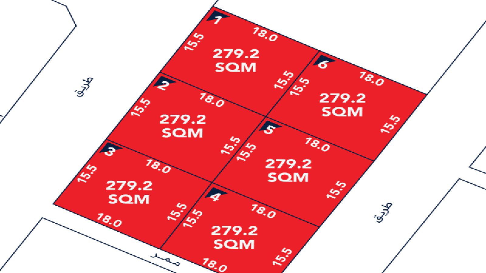 تُظهر خريطة الموقع ست قطع أراضٍ مستطيلة متجاورة، كل منها بمساحة 279.2 متر مربع، 18.0 في 15.5 متر، ومرقمة من 1 إلى 6، وتحدها طرق من ثلاث جهات.