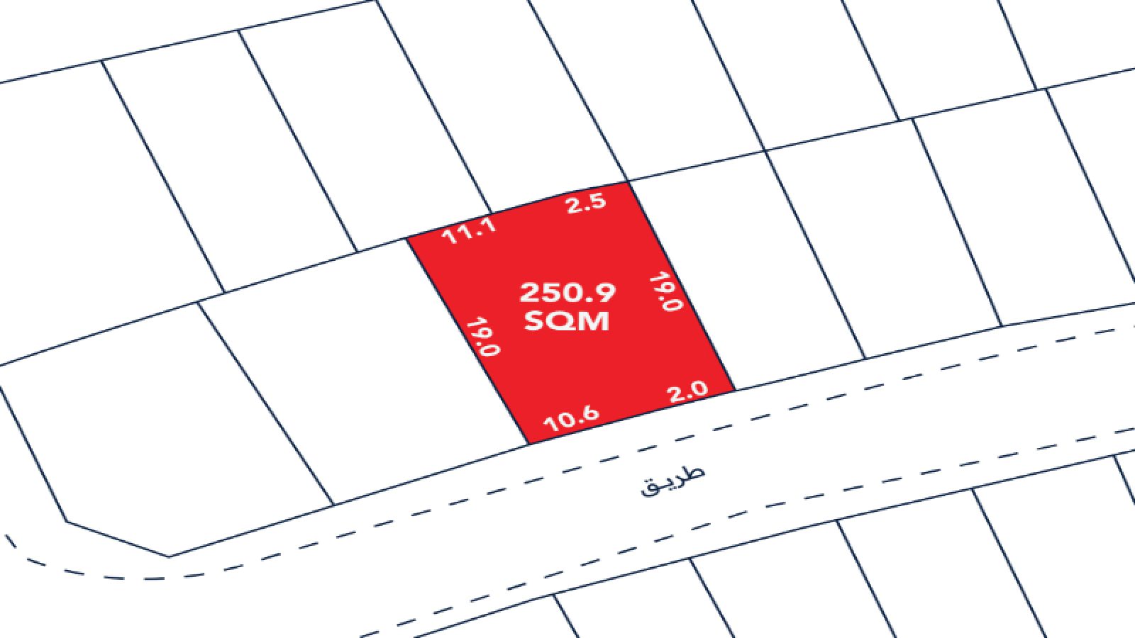 A red rectangular plot labeled "250.9 SQM" is highlighted on a grid map, showing dimensions on each side and bordered by a curved street at the bottom.