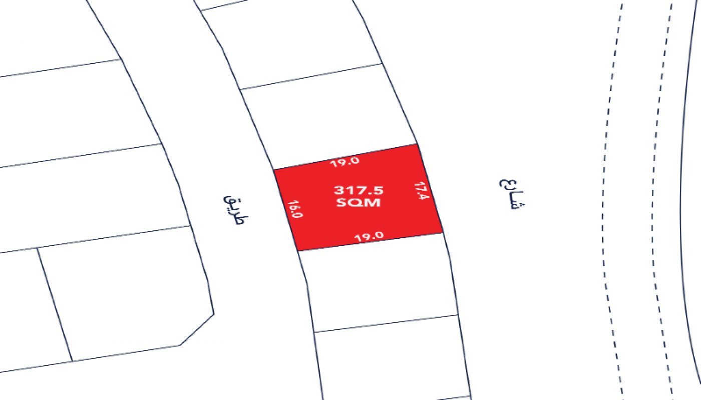 A map diagram showing a red rectangular land plot labeled "317.5 SQM" with dimensions 19.0, 17.1, and 16.0, surrounded by white plots and streets.
