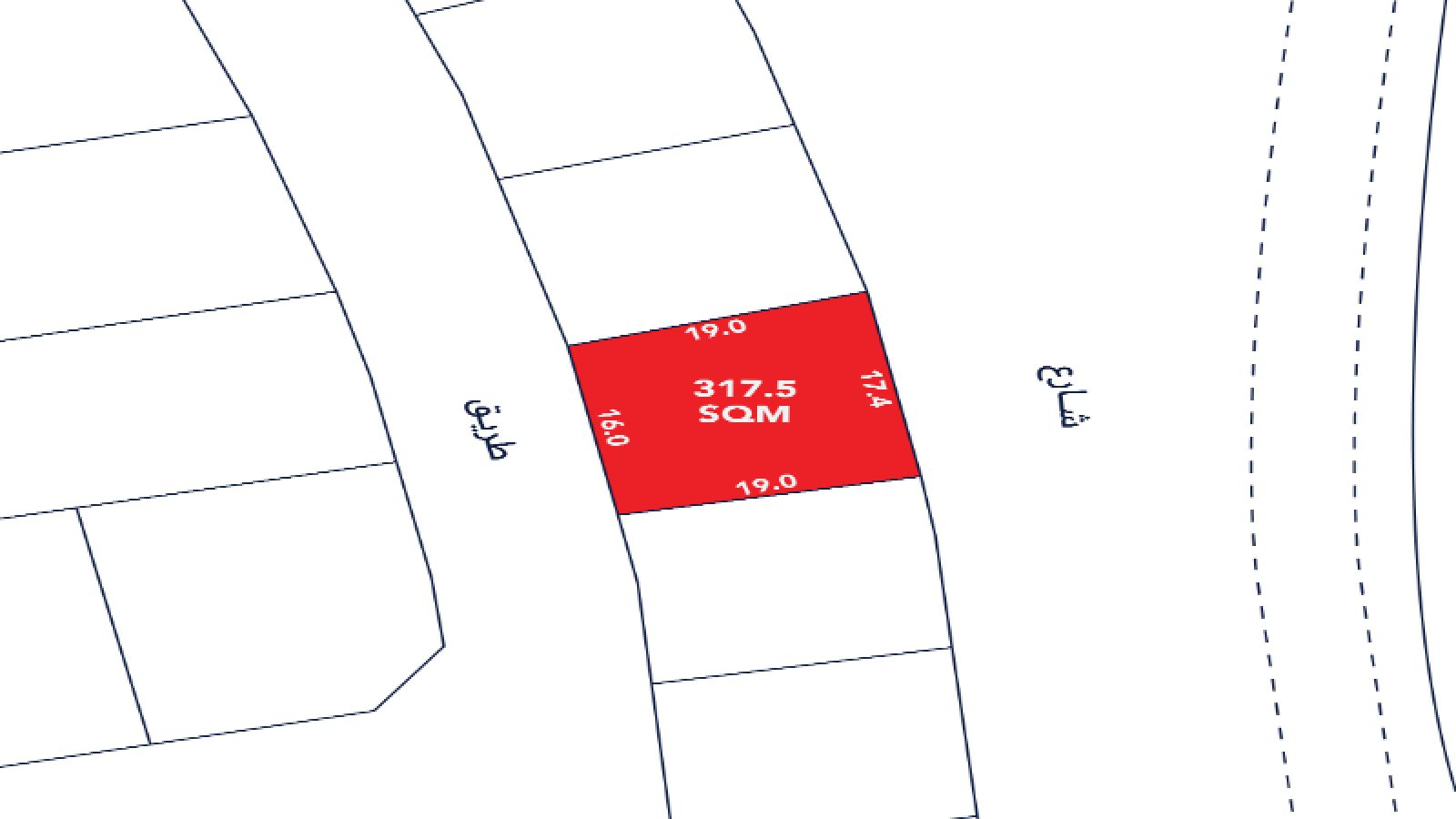 A map diagram showing a red rectangular land plot labeled "317.5 SQM" with dimensions 19.0, 17.1, and 16.0, surrounded by white plots and streets.