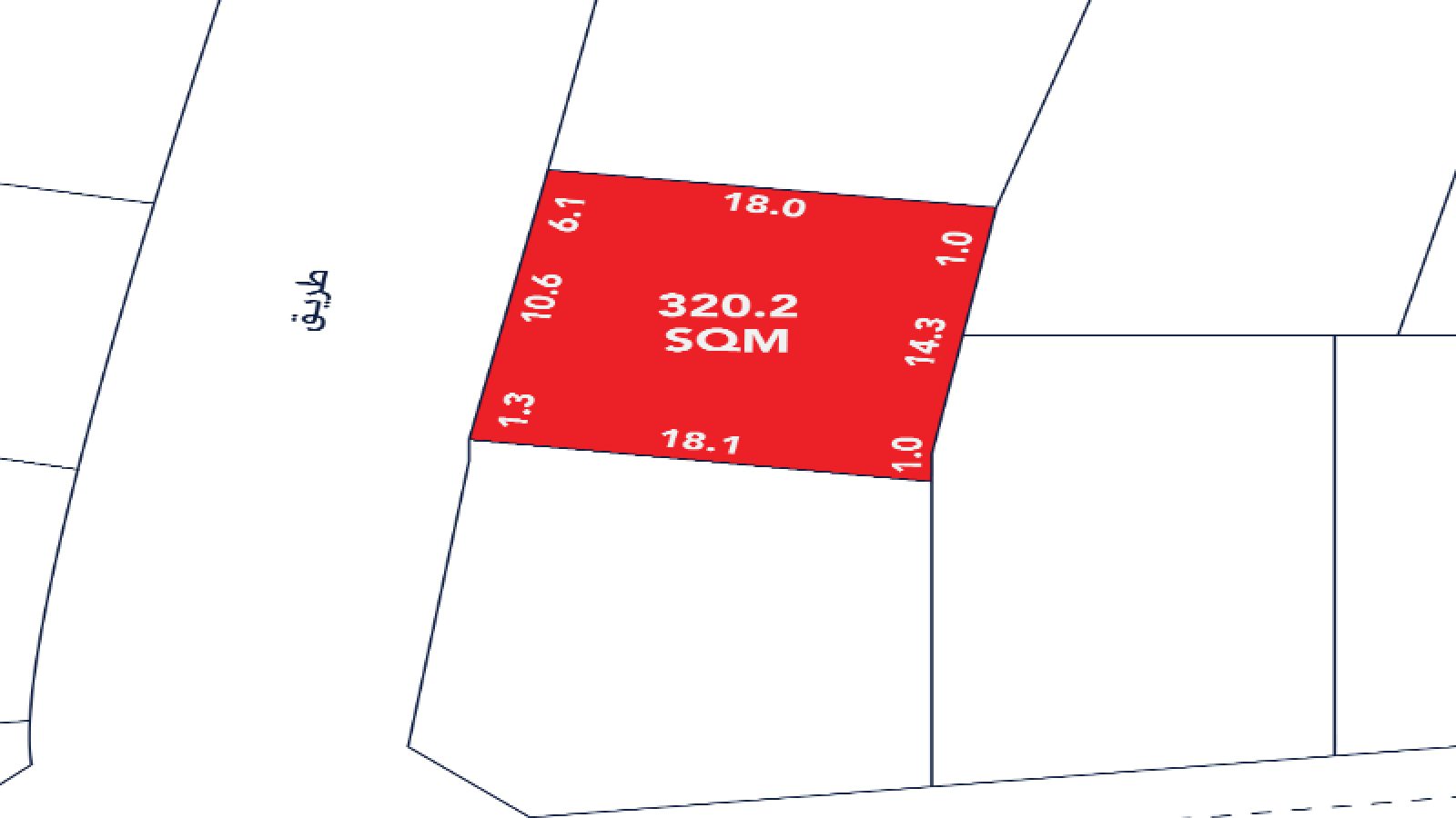 A plot map showing a red-highlighted lot labeled "320.2 SQM" with boundary lengths marked in meters and adjacent roads and plots outlined.