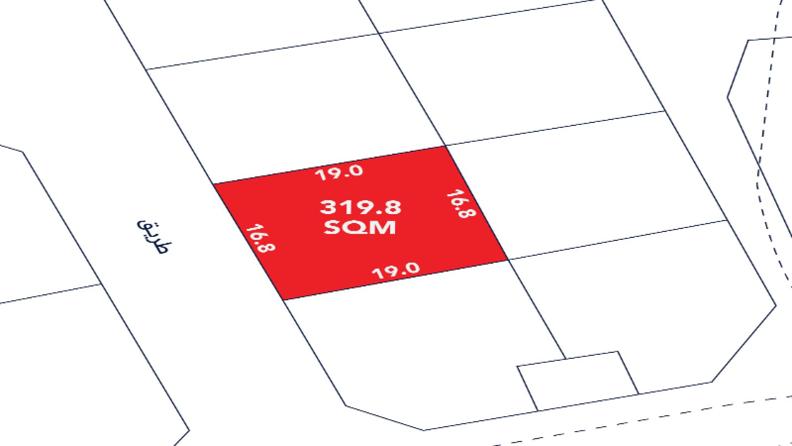 A rectangular plot labeled "319.8 SQM" in white text on a red background, with side lengths 19.0 and 16.8 meters, is shown on a site plan.