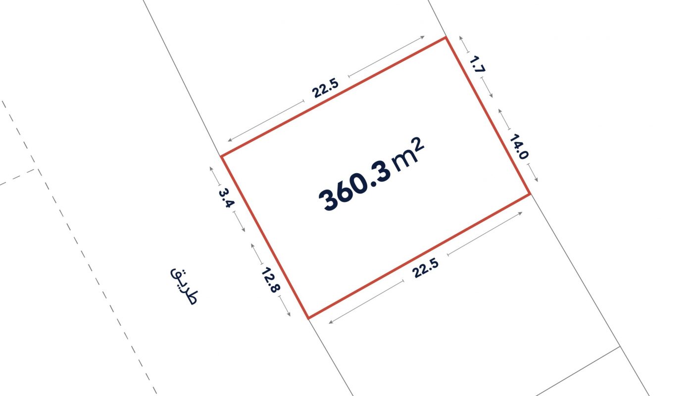 Site plan showing a rectangular plot outlined in red, labeled 360.3 m², with side lengths of 22.5m, 14.0m, 22.5m, and 12.8m, and adjacent labeled street.