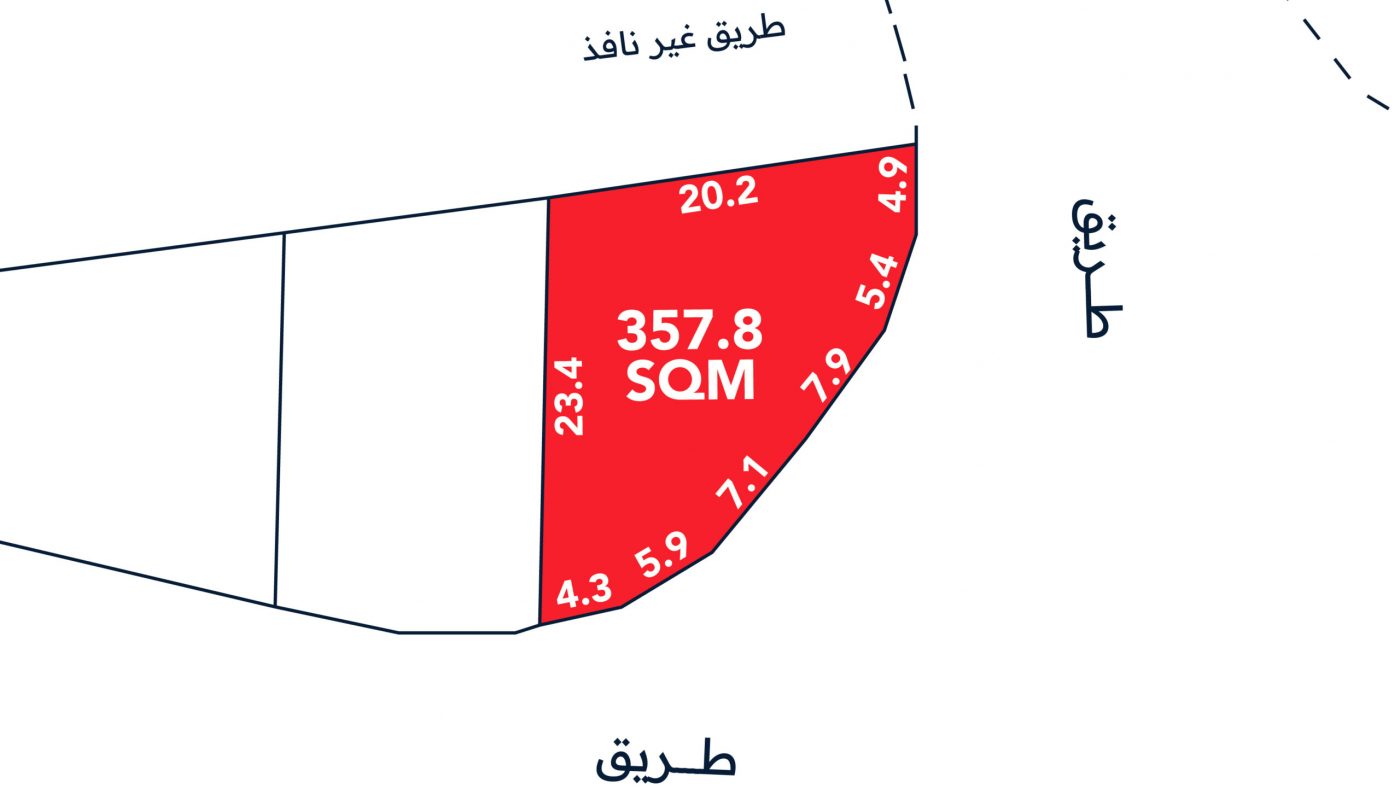 A map section showing a red highlighted plot labeled "357.8 SQM" with side lengths given in meters, bordered by roads, and Arabic text labeling the streets.