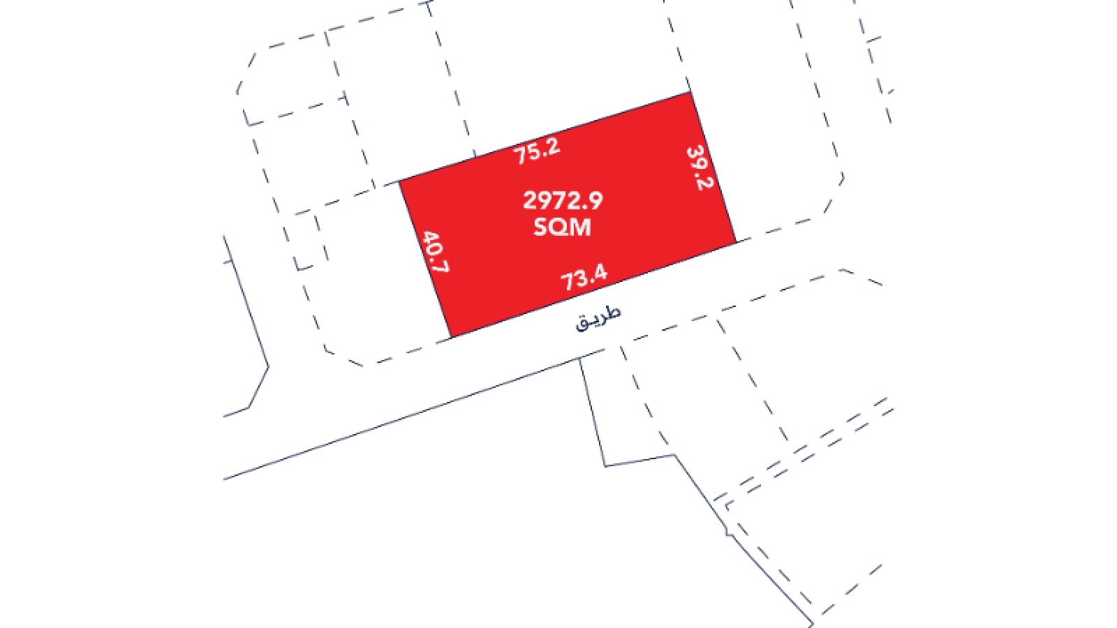 A plot map showing a red rectangular land parcel labeled 2972.9 SQM with side lengths 75.2, 31.2, 73.4, and 40.7, bordered by dashed property lines and a street labeled “طريق”.