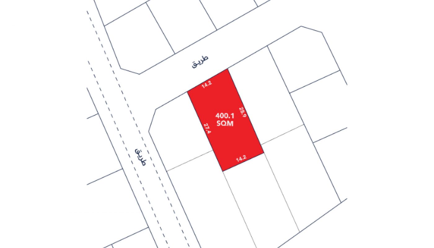 A map shows a rectangular plot marked in red labeled "400.1 SQM" with side measurements, surrounded by roads and neighboring plots.