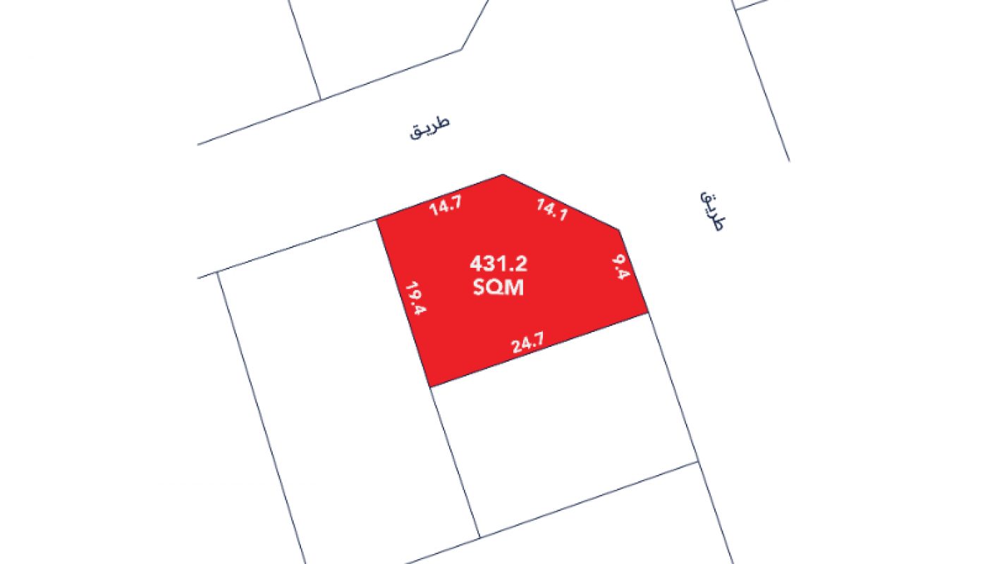 A plot map showing a red-highlighted area labeled "431.2 SQM" with boundary lengths in meters and adjacent streets marked in Arabic.
