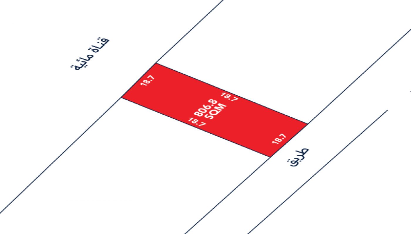 A rectangular red plot labeled "804 SQ.M" is bordered by two roads on opposite sides, with side lengths marked as 18.7 meters. Arabic labels are present for the roads.