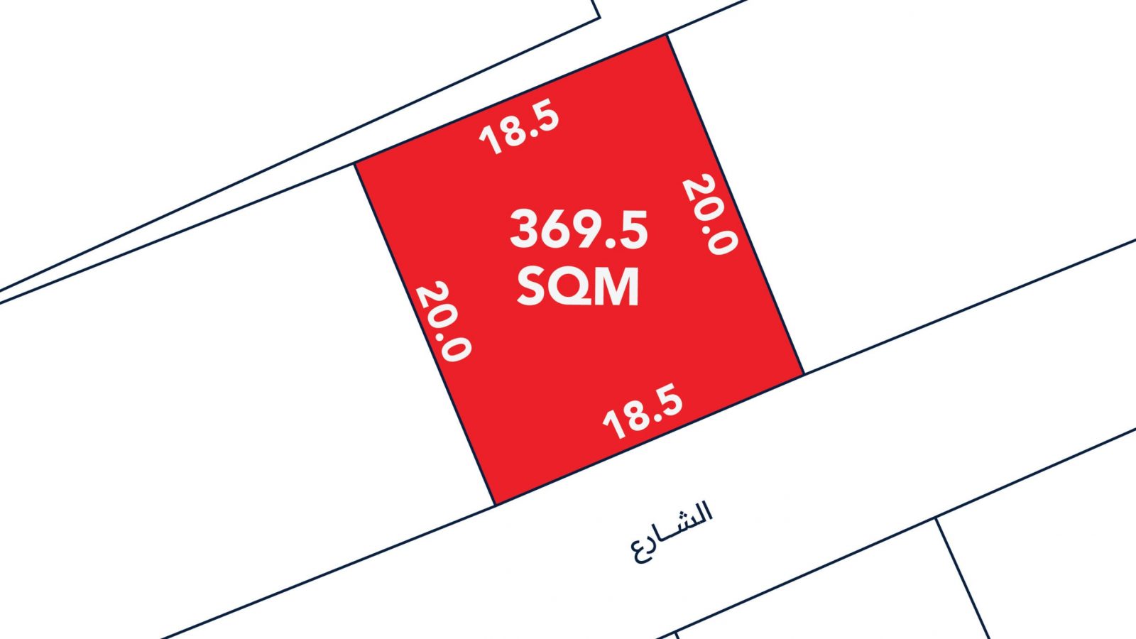 A red plot on a grid showing dimensions of 18.5m by 20m, labeled 369.5 SQM.