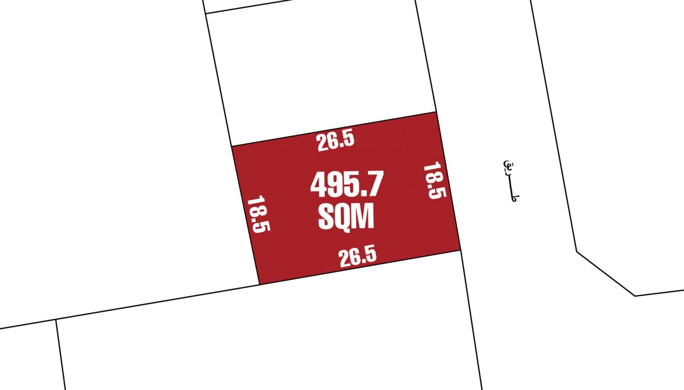 A red rectangular plot labeled "495.7 SQM" shows dimensions of 26.5 and 18.5 along its sides in the Salmabad area. Surrounded by other outlined plots with streets on the right and bottom, this prime land for sale is ideal for development in Salmabad.