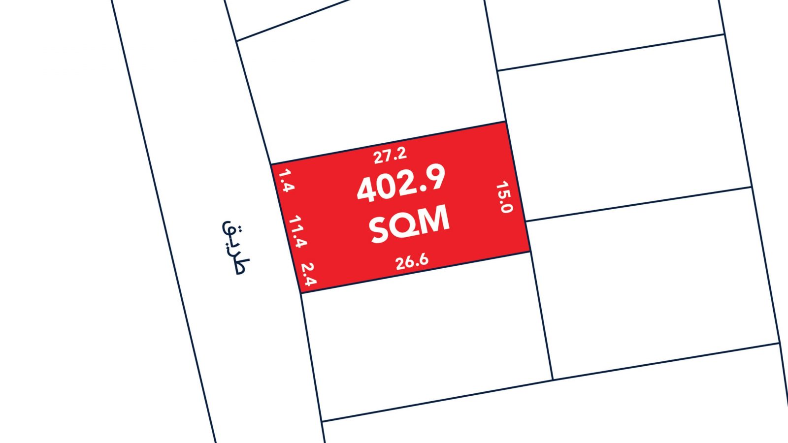 Map section showing a red plot labeled "402.9 SQM" with dimensions 27.2, 15.0, 26.6, 24, 1.4, and 1.4 meters; adjacent street in Arabic script.