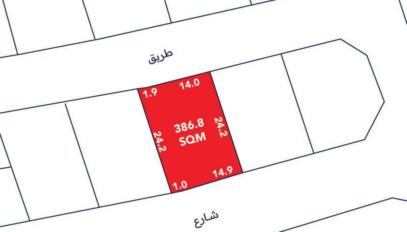A rectangular land plot marked in red, labeled 386.8 SQM, with side lengths in meters; surrounded by adjacent plots and bordered by roads at the top and bottom.