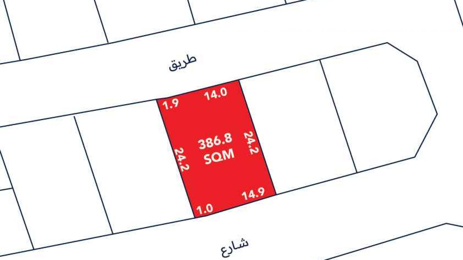 A rectangular land plot marked in red, labeled 386.8 SQM, with side lengths in meters; surrounded by adjacent plots and bordered by roads at the top and bottom.