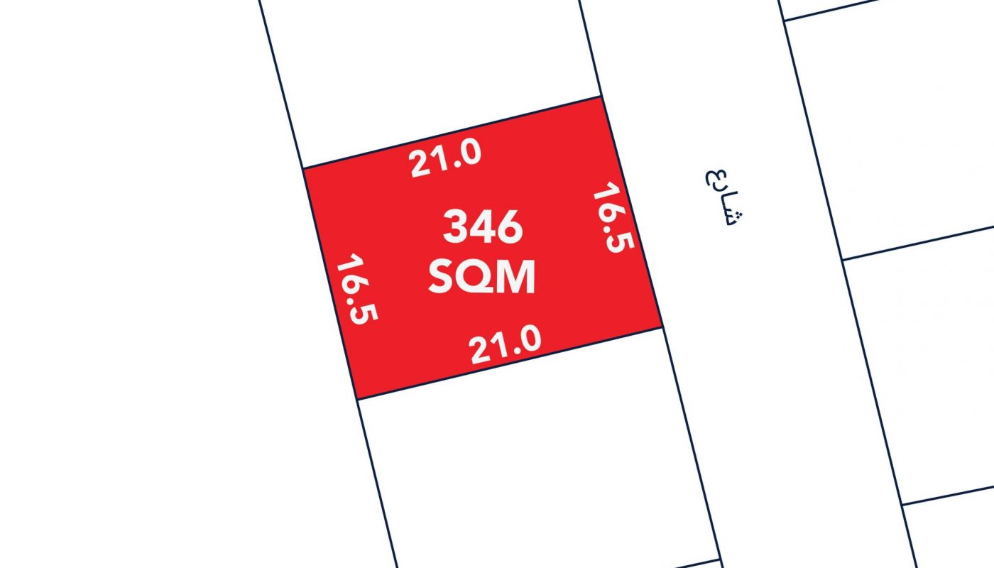 A rectangular plot labeled "346 SQM" is highlighted in red, with dimensions 21.0m by 16.5m, bordered by a street on one side.