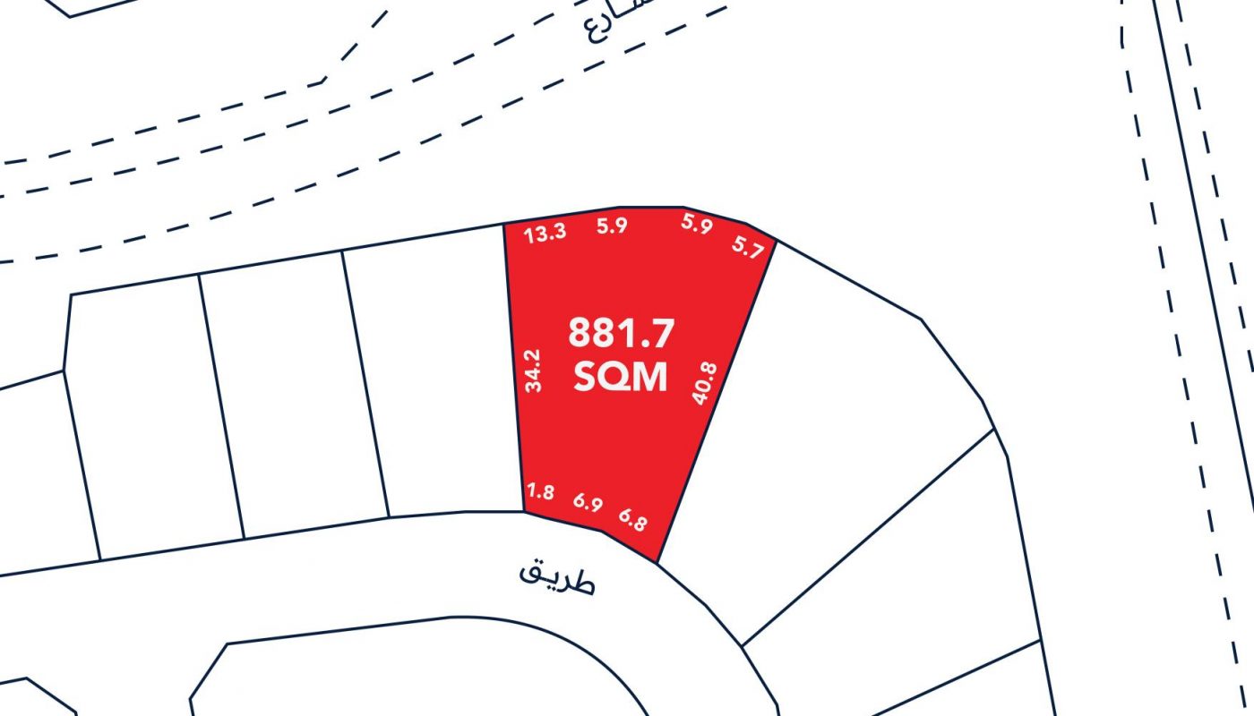 A plot map showing a highlighted red lot measuring 881.7 square meters, with labeled side lengths and surrounding roads and buildings.