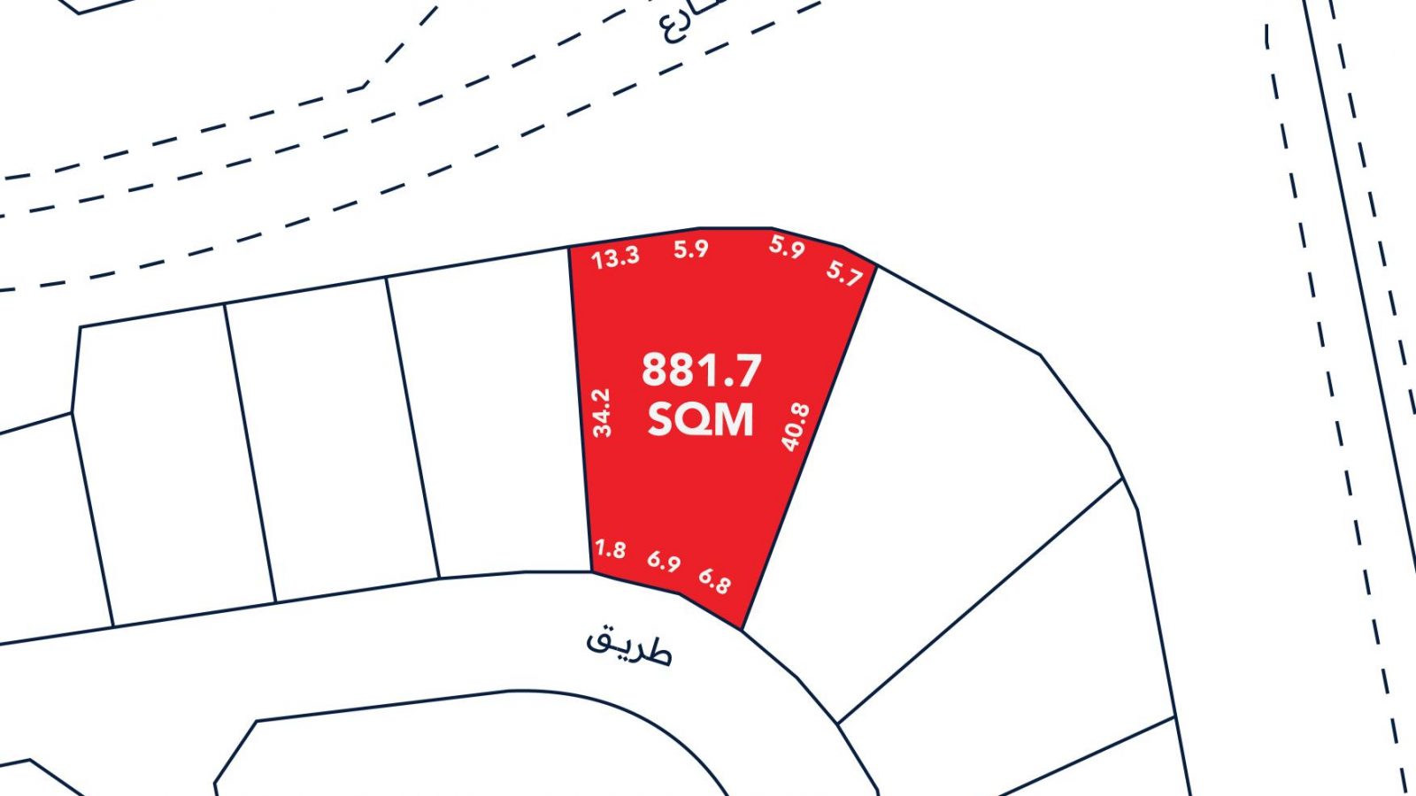 A plot map showing a highlighted red lot measuring 881.7 square meters, with labeled side lengths and surrounding roads and buildings.