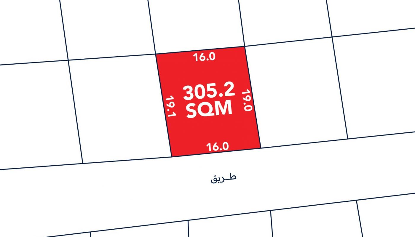 A red rectangular plot labeled "305.2 SQM" with dimensions 16.0m by 19.0m is shown on a map, bordered by a street labeled in Arabic.