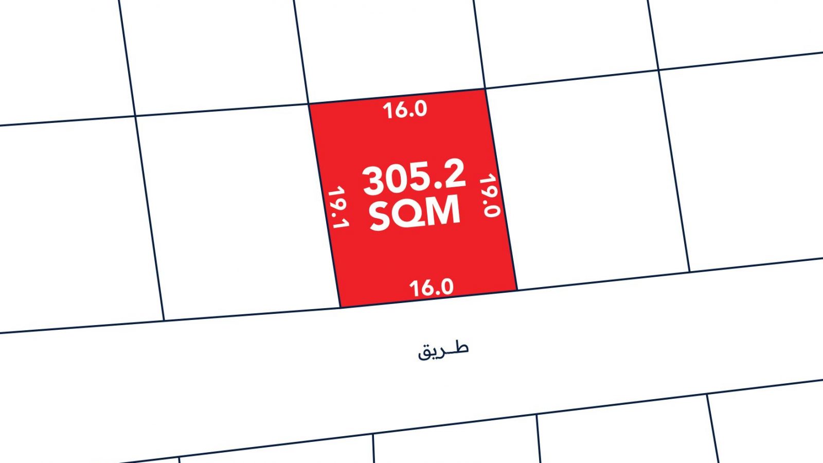 A red rectangular plot labeled "305.2 SQM" with dimensions 16.0m by 19.0m is shown on a map, bordered by a street labeled in Arabic.