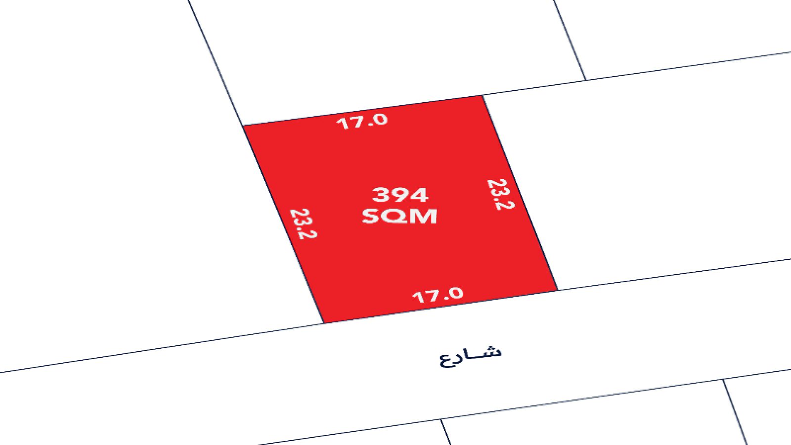 A red rectangular plot labeled 394 SQM with side lengths 17.0m and 23.2m, bordered by a street at the bottom and adjacent plots on other sides.