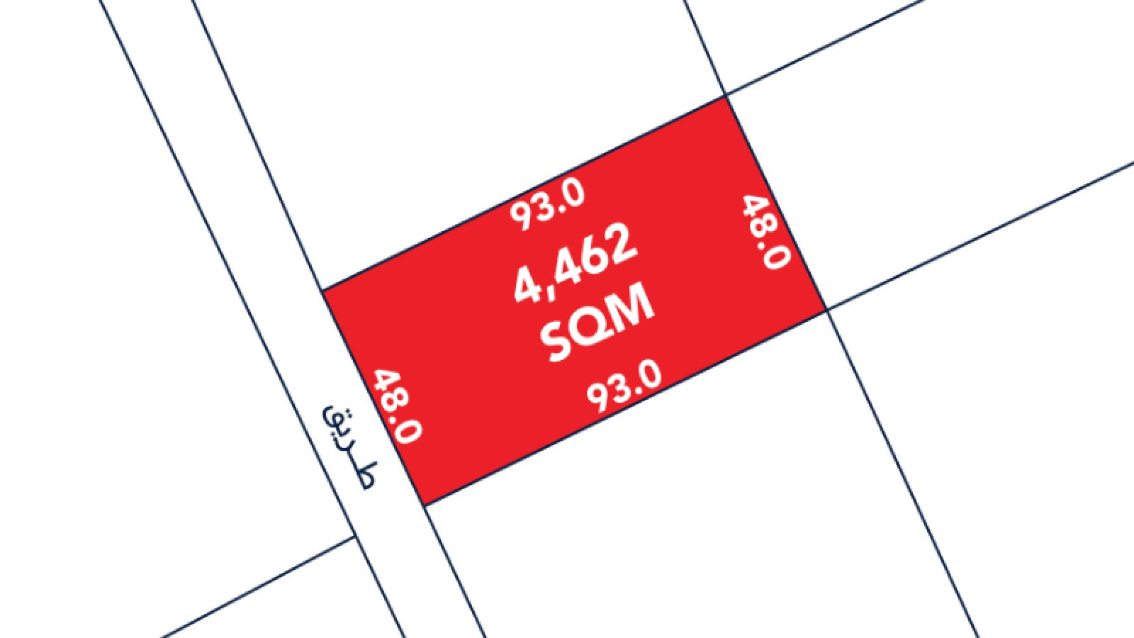 A rectangular red plot labeled "4,462 SQM" with dimensions 93.0m by 48.0m is shown bordered by streets, one labeled in Arabic.