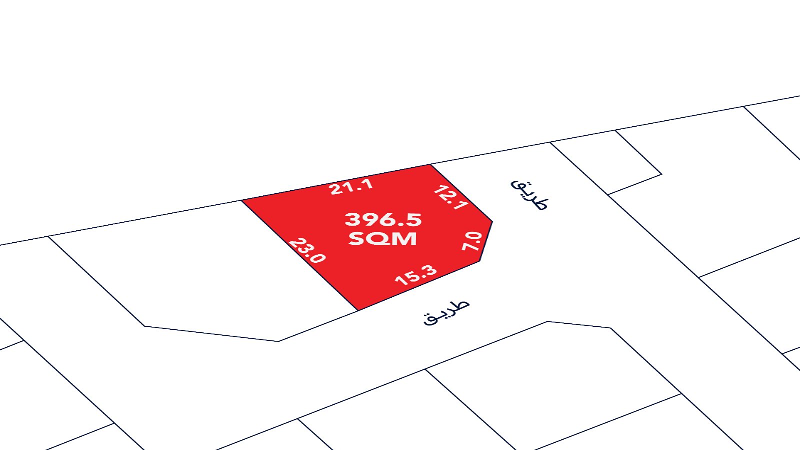 A plot of land outlined in red, labeled "396.5 SQM", with boundary lengths in meters indicated on each side, shown on a street map layout.