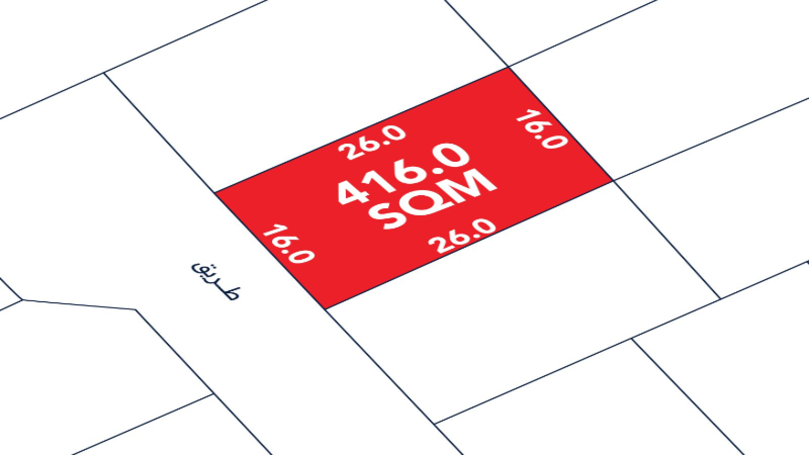 A red rectangular plot labeled "416.0 SQM" with dimensions 26.0 meters by 16.0 meters shown on a site plan.
