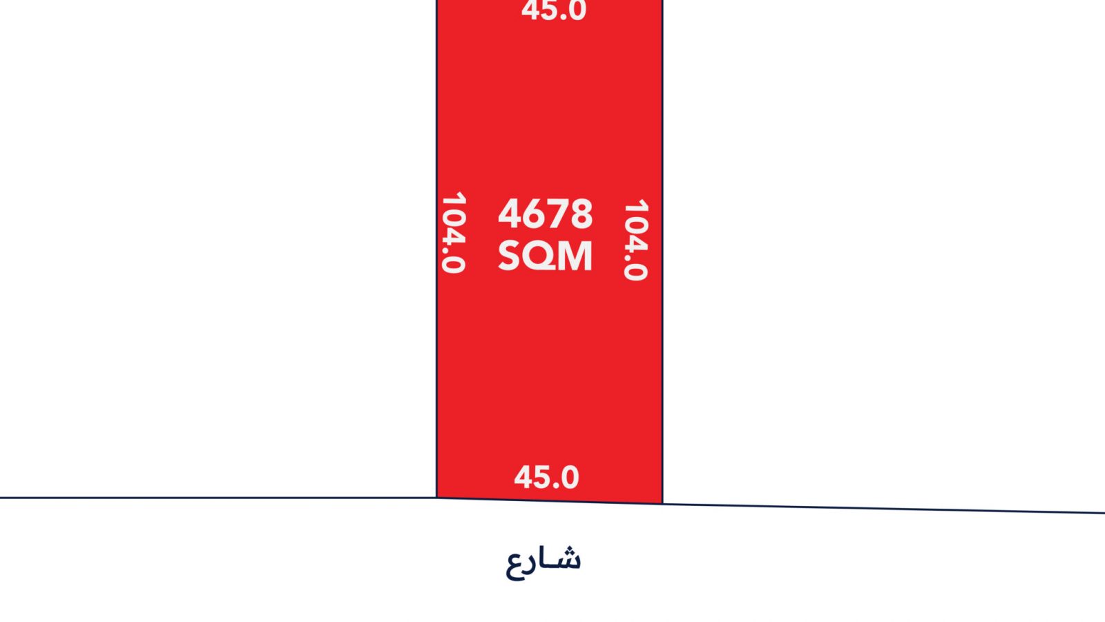 A red rectangular plot labeled 4678 SQM with dimensions 45m by 104m, bordered by streets at the top and bottom.