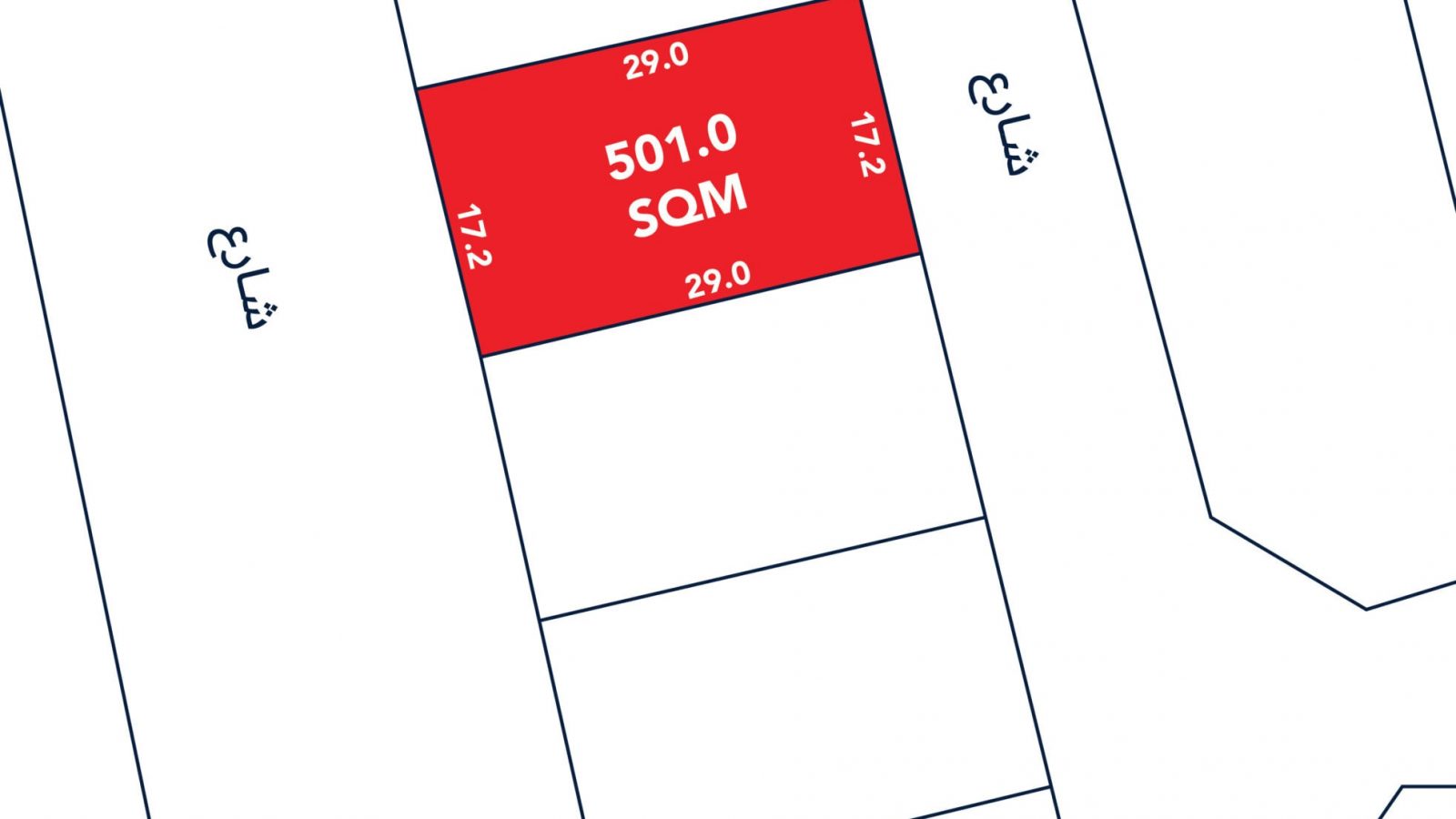 Map section showing a rectangular plot labeled "501.0 SQM" in red, with dimensions 29.0 and 17.2 marked. Adjacent plots and streets are outlined in white.
